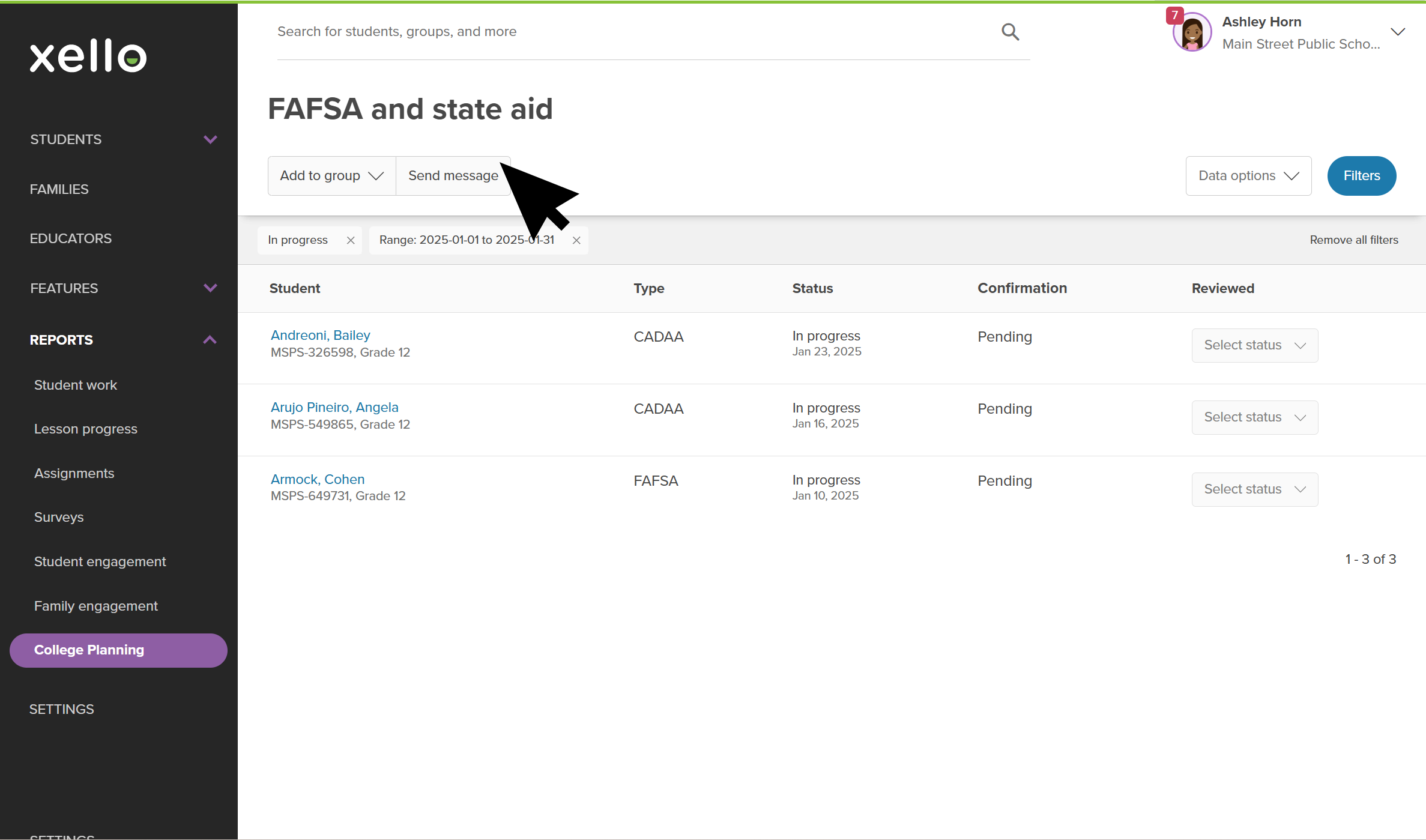 The FAFSA and state aid report. The student list has been filtered to students who have asked for help with their application. The cursor is clicking Add to group